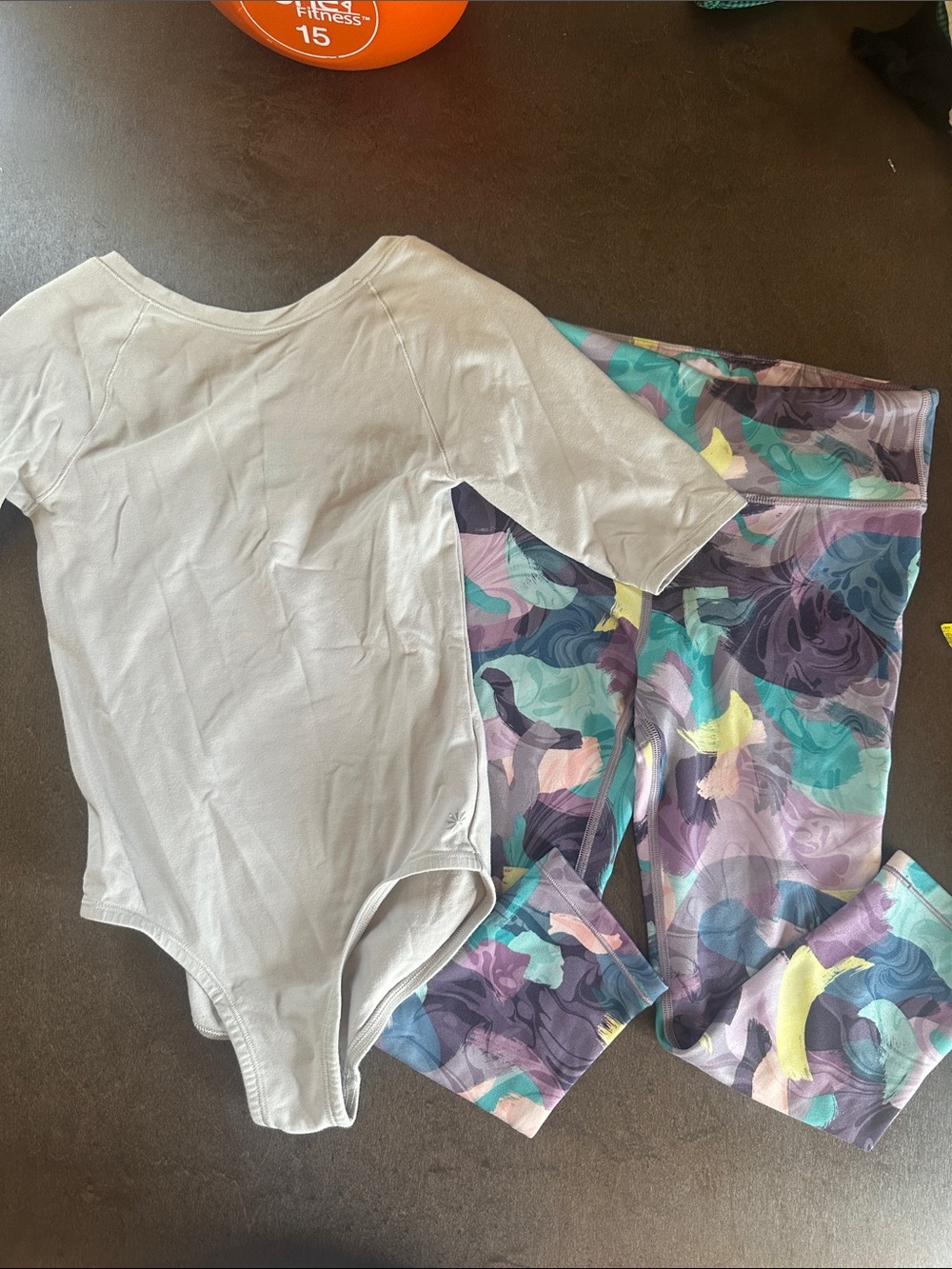 Athleta Cream Leotard with Purple Multi-Print Leggings